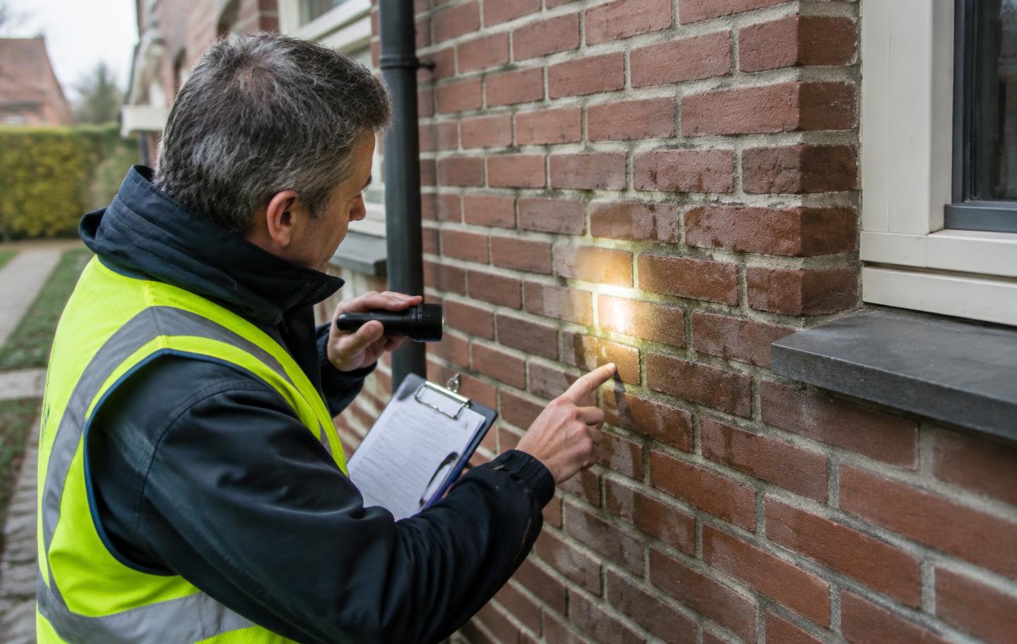 Bouwkundige keuring: inspecteur controleert het metselwerk van een gevel
